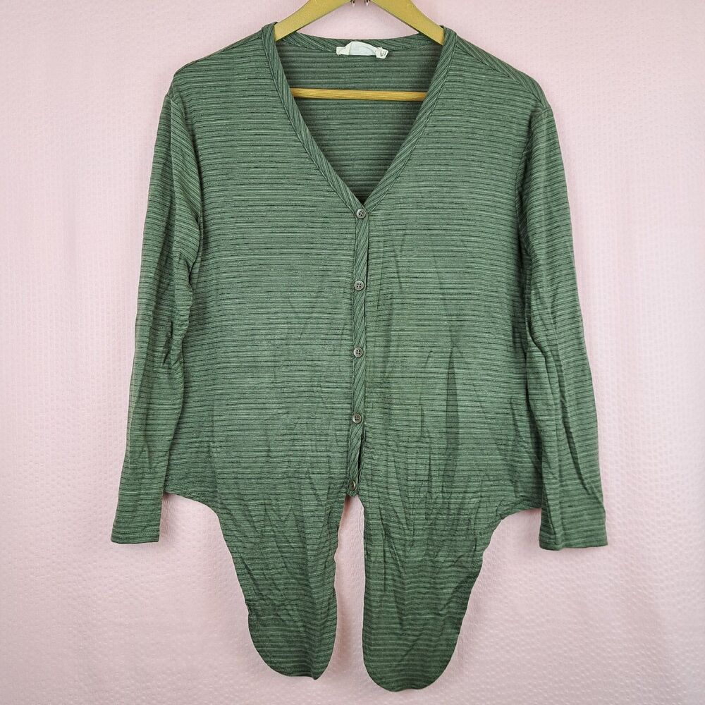 Everleigh Anthropologie Green Striped Front Knot Top Button Up Long Sleeve S